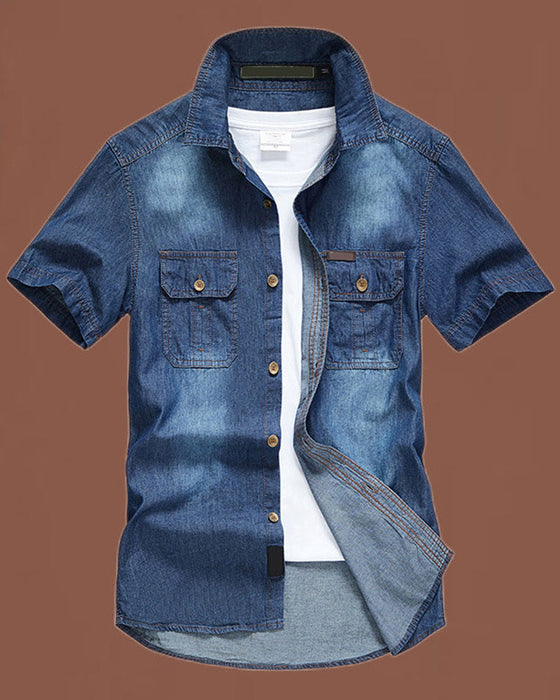 Overhemd Denim Korte Mouw Heren
