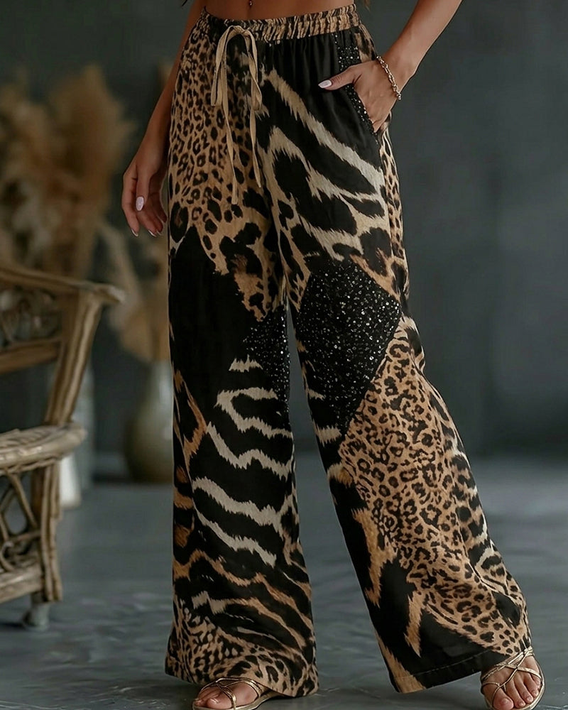 Broek Luipaard Print Patchwork Wijde Pijp Casual