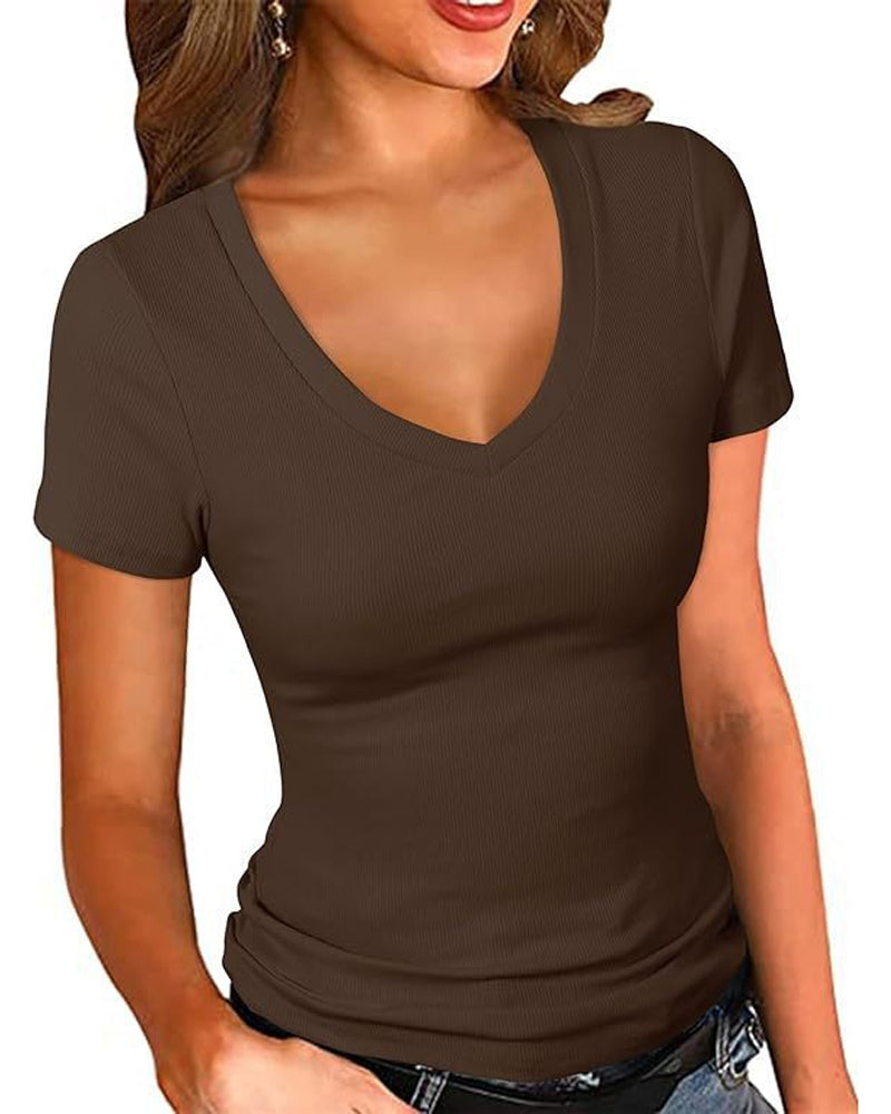 T-Shirt Geribbeld Slim Fit V-Hals Korte Mouw