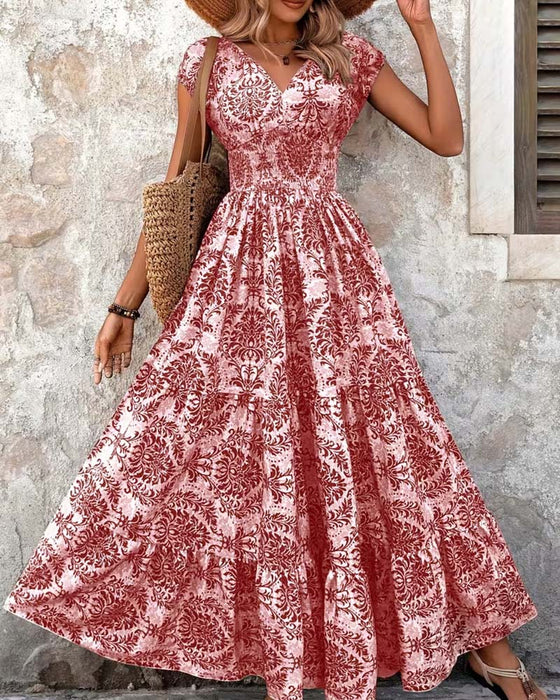 Jurk Retro Print V-Hals Ingesnoerde Taille Lang