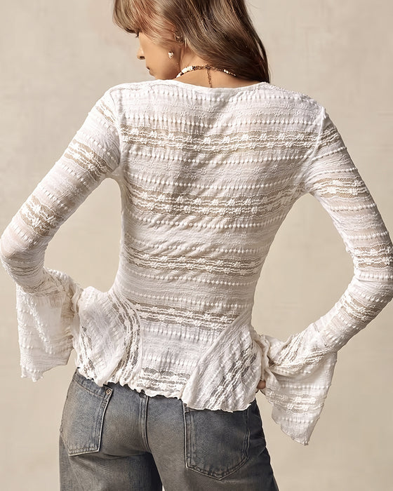 Blouse V-hals Kant Gepaneleerd Trompetmouw