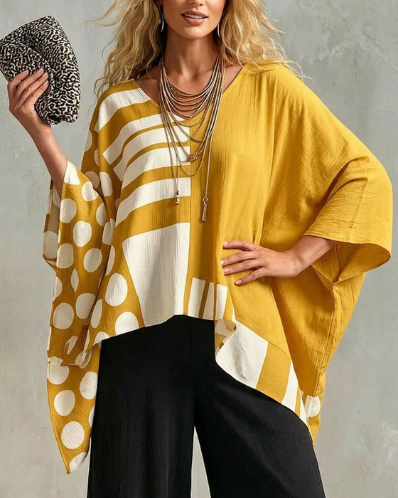 Blouse Polka Dot Streep Patchwork V Hals