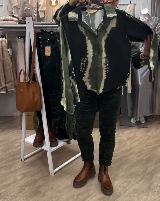 Shirt Revers Retro Kleurblok Lange Mouw