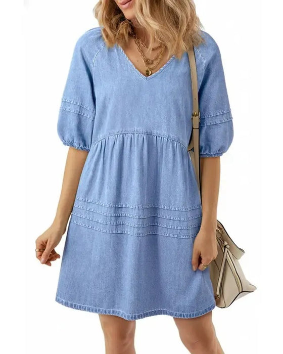Jurken Denim V-Hals Puff Mouw
