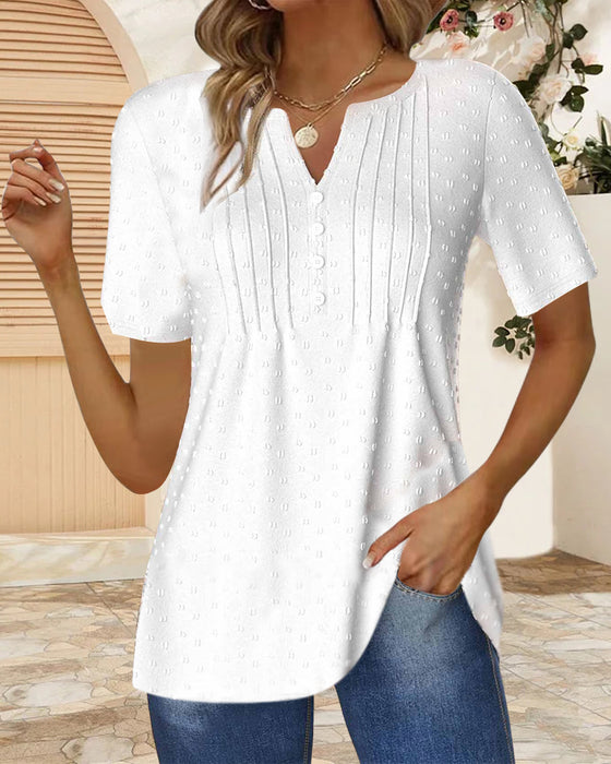 Eenvoudige effen jacquard top met V-hals en korte mouwen