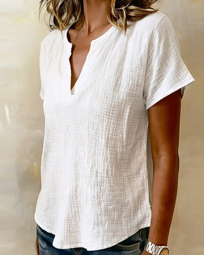 Blouse V-hals Effen Korte Mouw