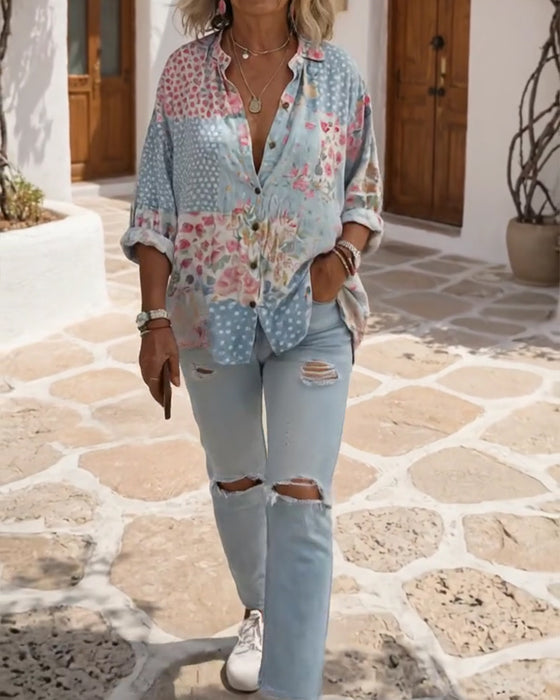 Overhemd Met Kleine Bloemenprint En Opstaande Kraag