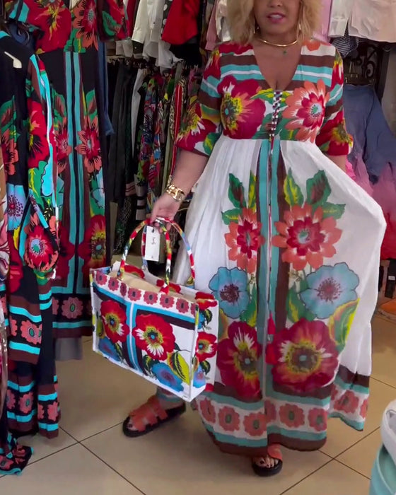 Diepe V losse casual bloemenjurk