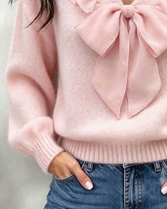 V-Hals Effenkleurige Langarmige Pullover Met Strikdetail