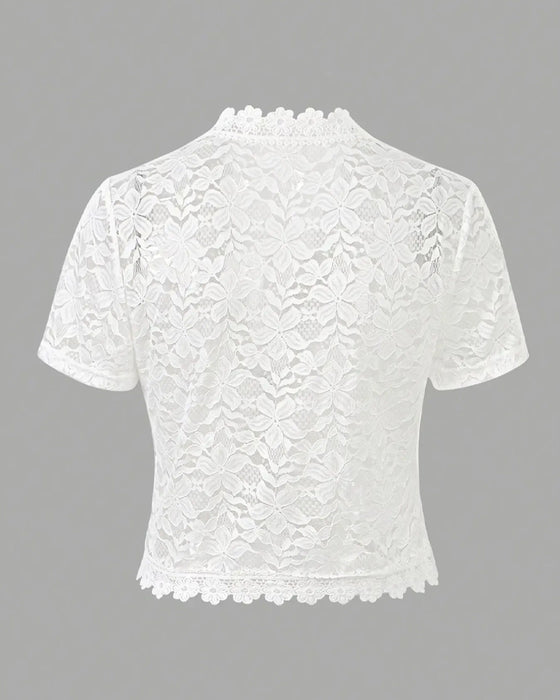Jas Effen Kleur Bloemen Kant Korte Mouw