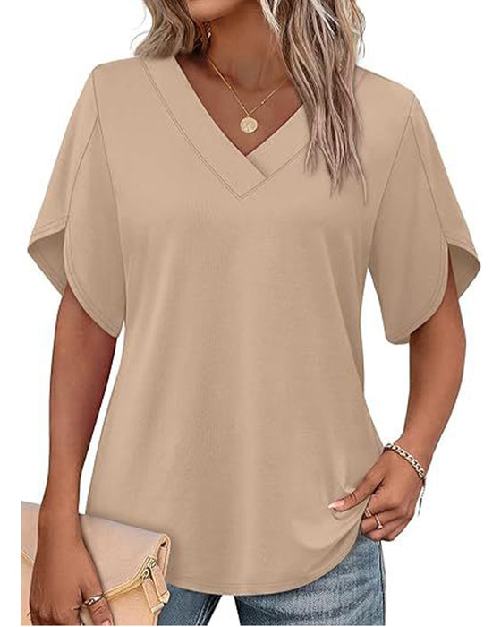 T-Shirt V-Hals Kleine Split Korte Mouw Effen