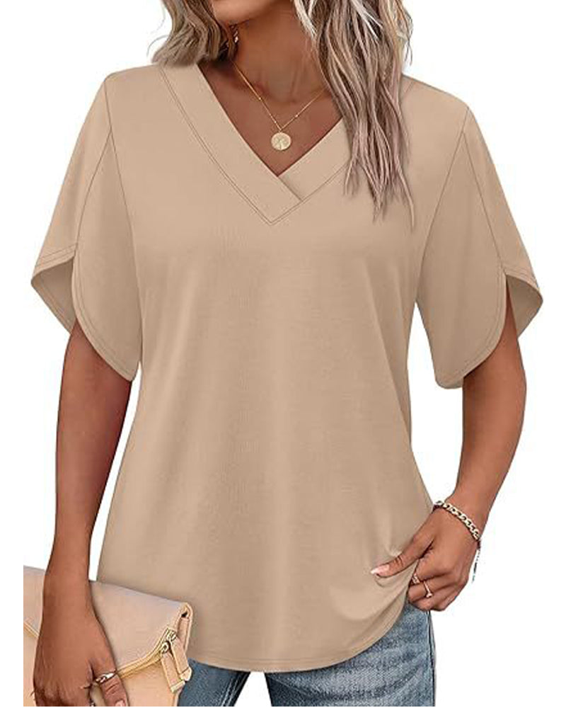 T-Shirt V-Hals Kleine Split Korte Mouw Effen