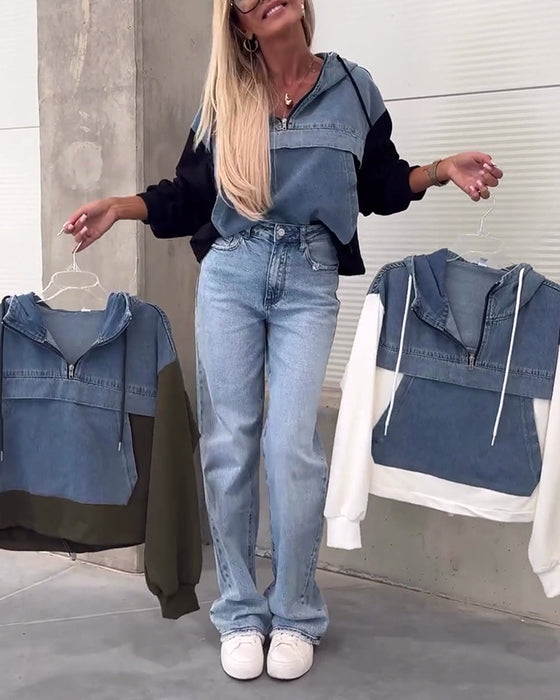 Casual denim patchwork hoodie met rits