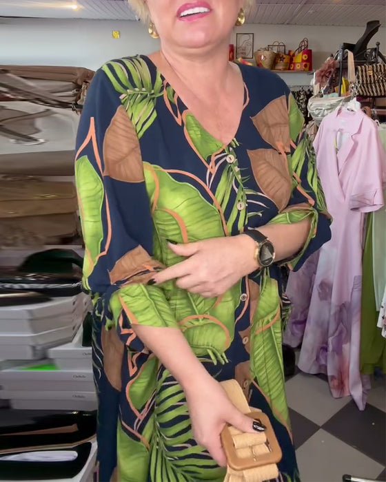 Losse Jurk Met Bladprint En V-Hals