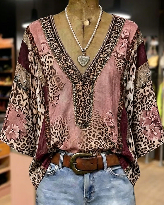 Blouse V-Hals Lantaarn Mouw Luipaard