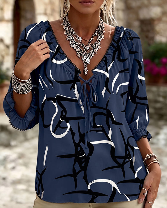 Blouse Abstracte Print V-Hals Vetersluiting