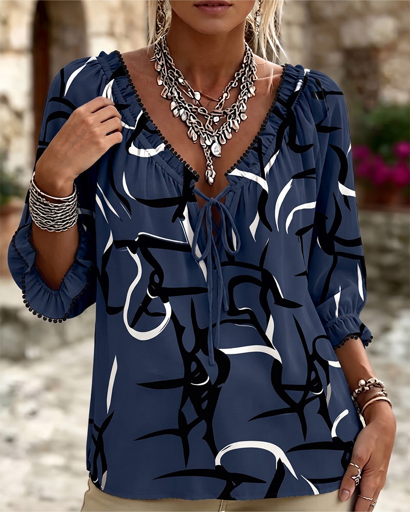 Blouse Abstracte Print V-Hals Vetersluiting