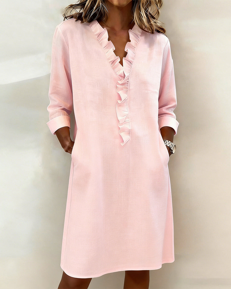 Jurk Gerimpelde V-Hals Effen Kleur