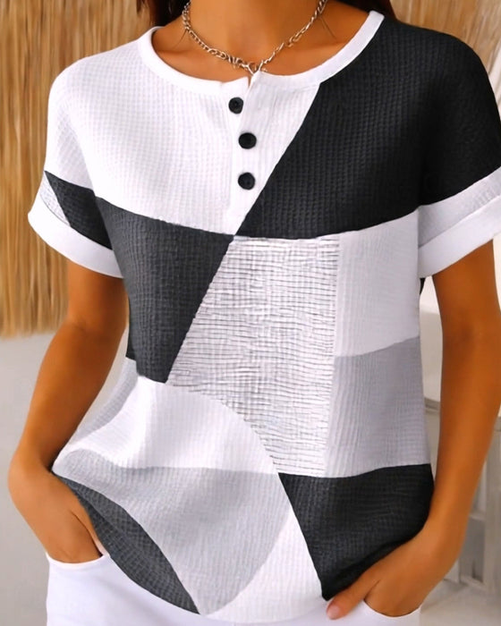 Blouse Rondhals Knoop Kleurblok Wafel