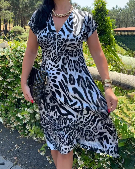 Jurk V-Hals Ritssluiting Luipaardprint