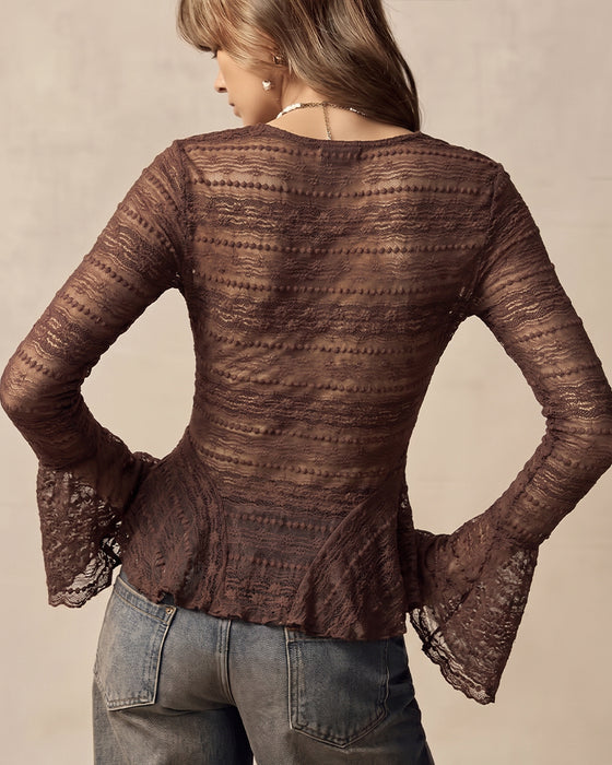 Blouse V-hals Kant Gepaneleerd Trompetmouw