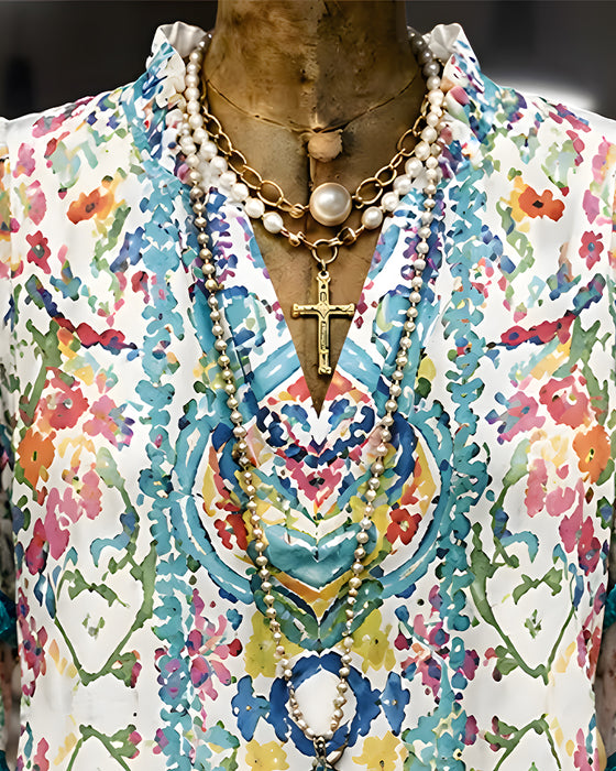 Shirt V-Hals Franje Ruffle Etnisch