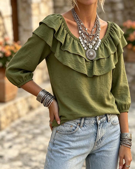 Blouse Dubbele Laag Ruffle Driekwart Mouw