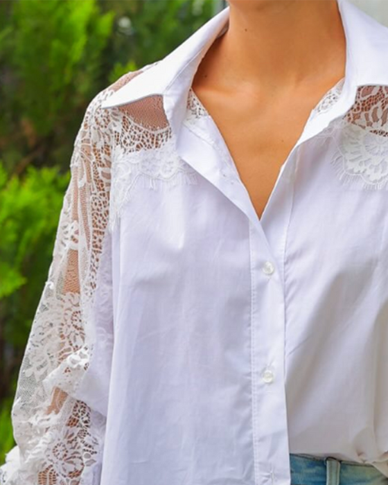 Blouse Kant Patchwork Slag Lange Mouw