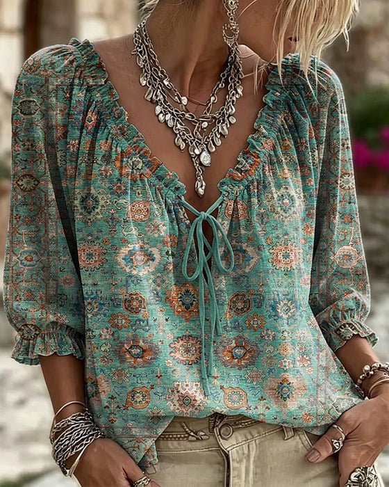 Blouse V-Hals Strik Vintage Print