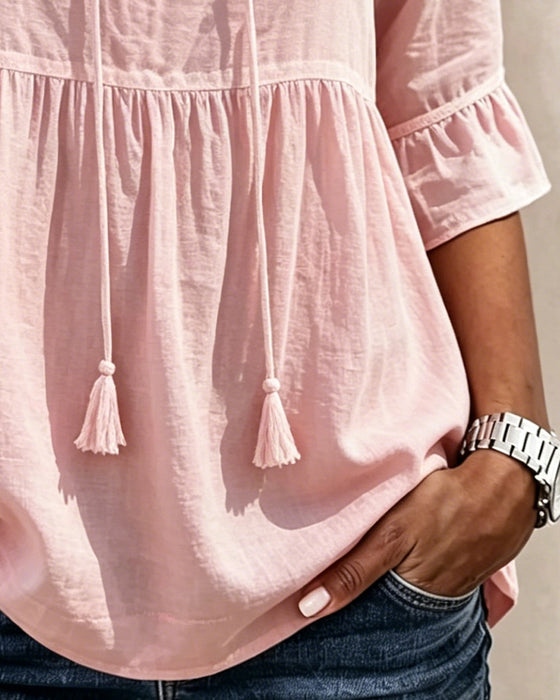 Blouse Strik Ruche Half Mouw Effen