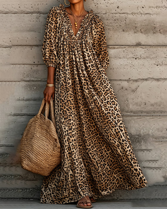 Jurk Luipaard Print V-Hals Poef Mouw