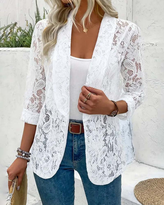 Effen kleur elegante jas met bloemenkant en revers
