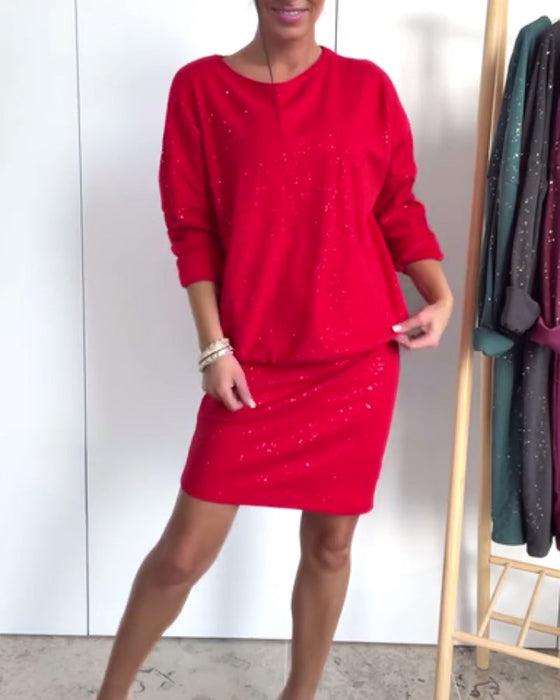 Jurk Ronde Hals Fijn Glitter Modieus