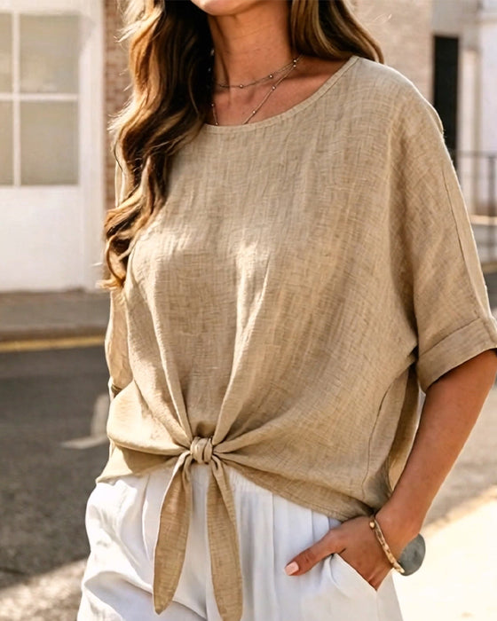 Blouse Ronde Hals Strik Korte Mouw
