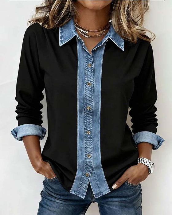 Blouse Met Denim-Patchwork En Kraag