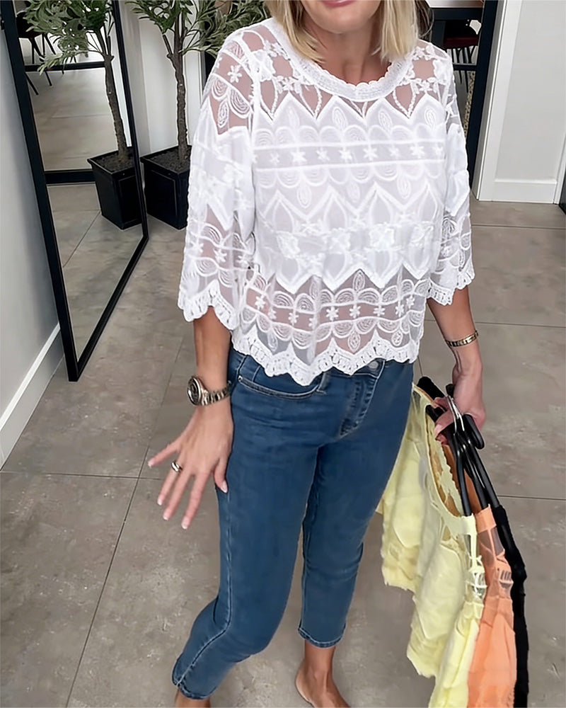 Blouse Sheer Mesh Kant Driekwart Mouw