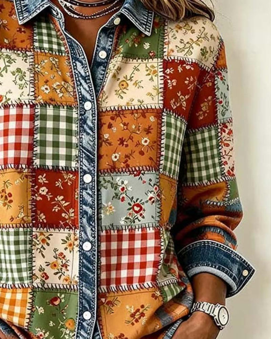 Top Kraag Ruit Denim Patchwork