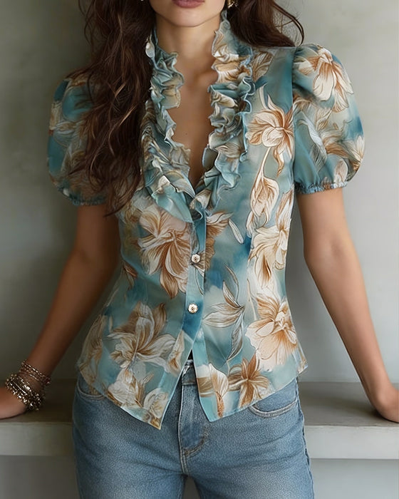 Blouse Met Ruches Bloemig Pofmouw