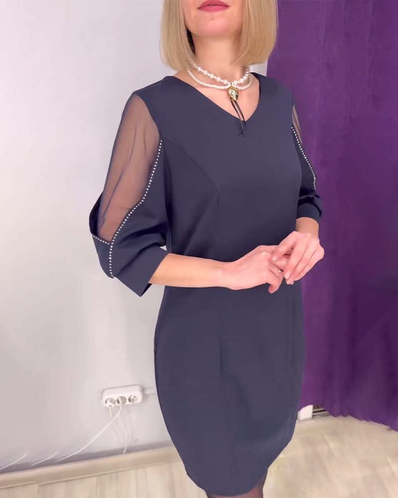 Jurk Halfmouw V-hals Rhinestone Stikken