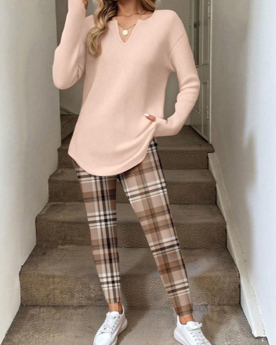 Set V-Hals Effen Top + Ruit Broek Loungewear