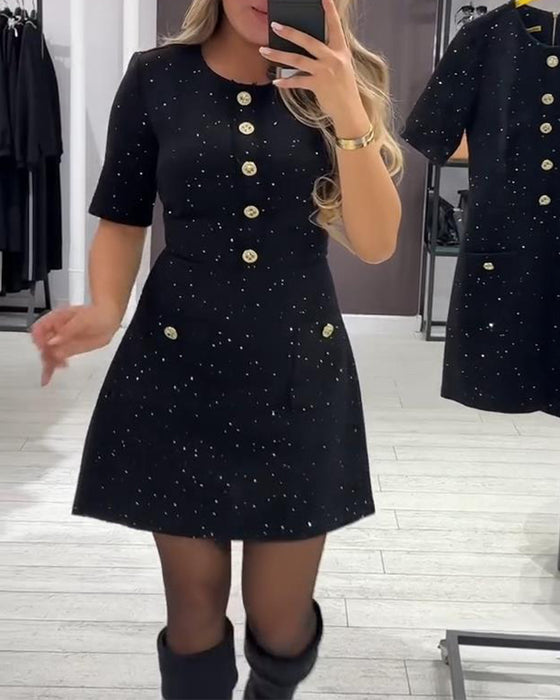 Jurk Korte Mouw Fijn Glanzende Knopen