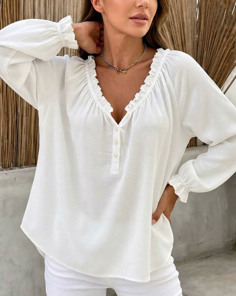 Blouse Ruffle Rand Lange Mouw V-Hals