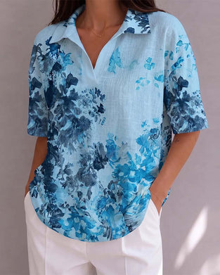 Blouse Inkt Was Bloemen Knoopsgat Half Knoopslits