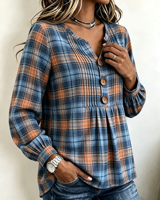 Blouse Drie-Knoop Geruit Langmouw