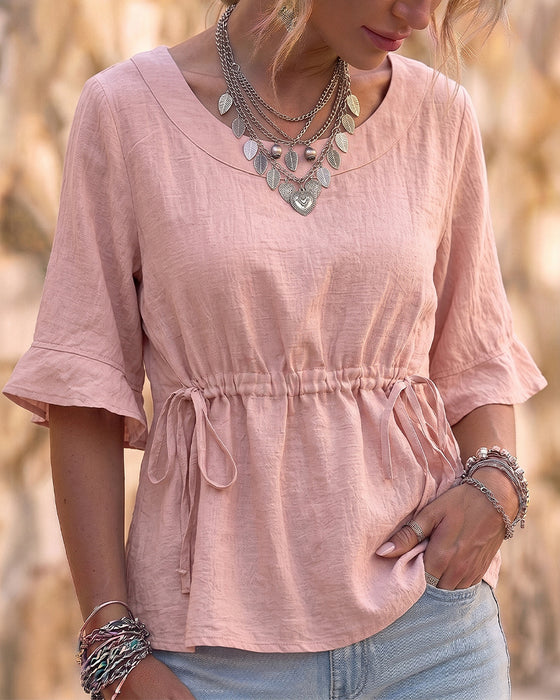 Blouse Ronde Hals Ruffle Trekkoord Effen