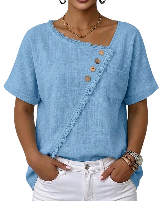 Blouse Ruwe Rand Schuin Gesneden Knoop Korte Mouw