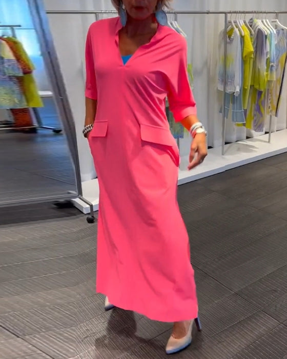 Effen jurk met split en V-hals