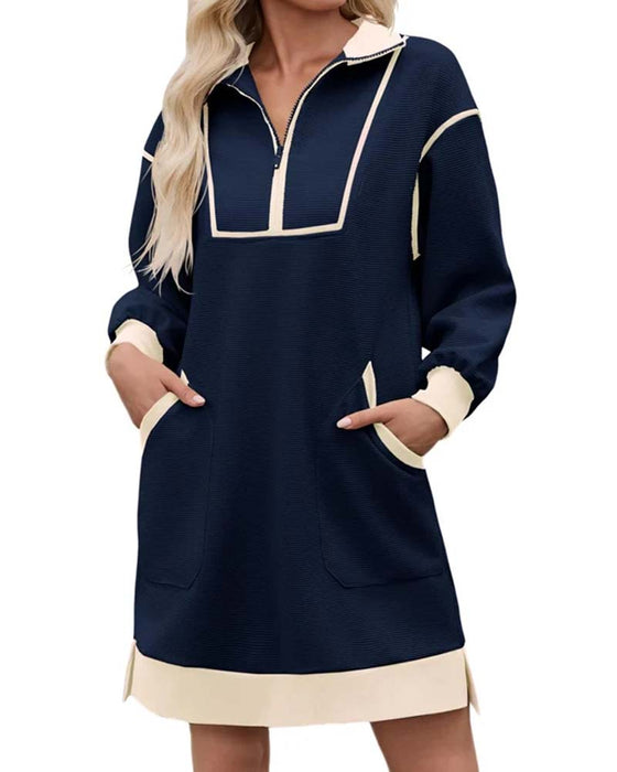 Jurk Half Zip Lange Mouw Kleurblok Kort