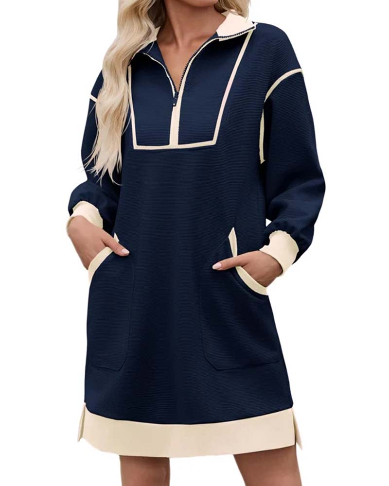 Jurk Half Zip Lange Mouw Kleurblok Kort