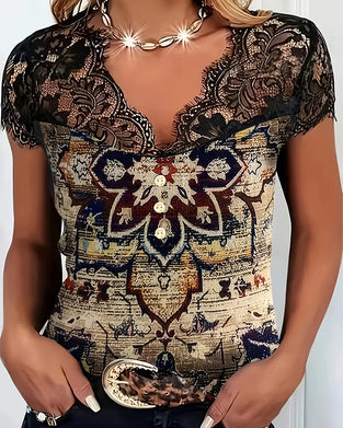 Retro Blouse Met V-Hals En Kantrand